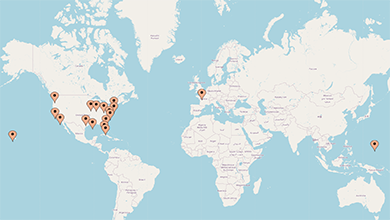 Map of the world with markers for Lone Sailor sites